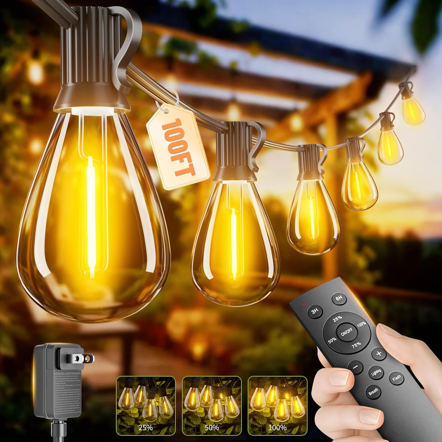 100FT Dimmable LED Outdoor String Lights