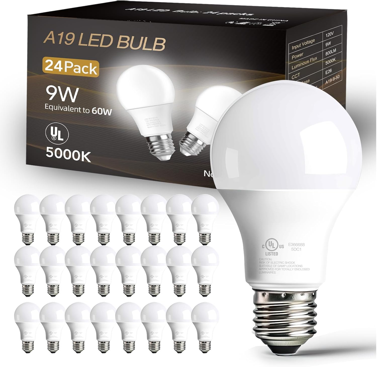 dalattin 24 Pack LED Bulbs Daylight White 5000K, 60 Watt Equivalent A19 Standard Bulbs, E26 Base, 800 LM, Efficient 9W Energy Saving, Non-Dimmable, 80+ CRI, 120V, UL Listed, for Living Room, Office A19 LED 5000K 24-Pack