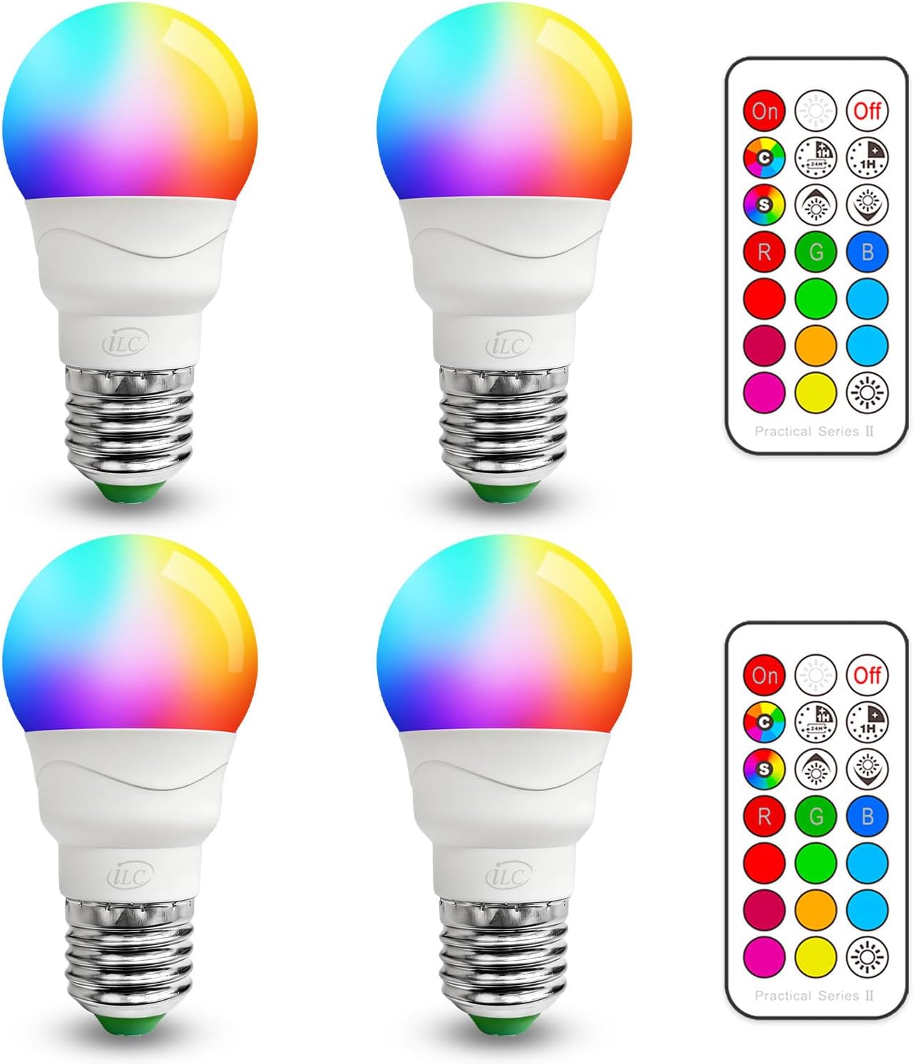 ILC RGB LED Light Bulb, Color Changing Light Bulb, 40W Equivalent, 450LM, 2700K Warm White 5W E26 Screw Base RGBW, A15 Colored Light Bulbs - 12 Color Choices - Timing Infrared Remote Control (4 Pack) ILC E27 RGB LED Bulbs