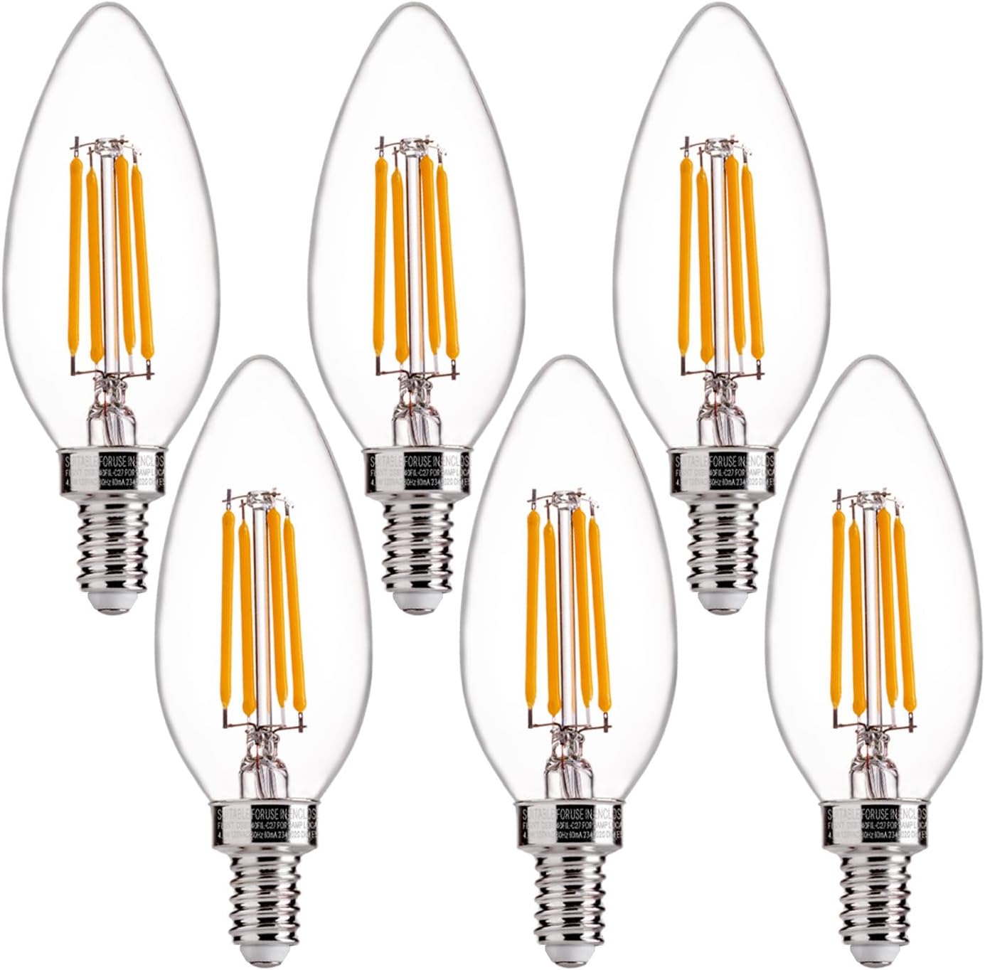 FLSNT 60W Equivalent LED Chandelier Light Bulbs, Dimmable, E12 Base, Clear B11 LED Filament Candelabra Bulbs, 2700K Soft White, 6 Pack clear E14 LED filament bulbs