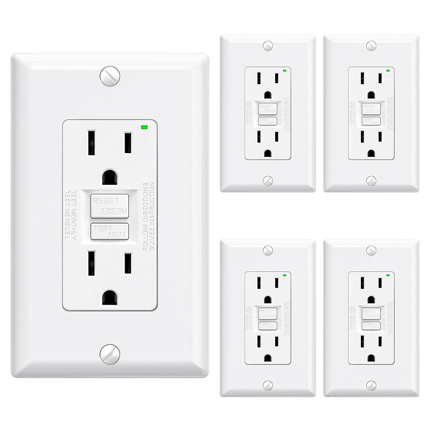 ELEGRP GFCI Outlet 15 Amp, Self-Test GFI Electrical Outlet with Narrow Design, GFCI Receptacle with LED Indicator, UL Listed, White, Wall Plate Included, 5 Pack white GFCI duplex outlet 5 pack